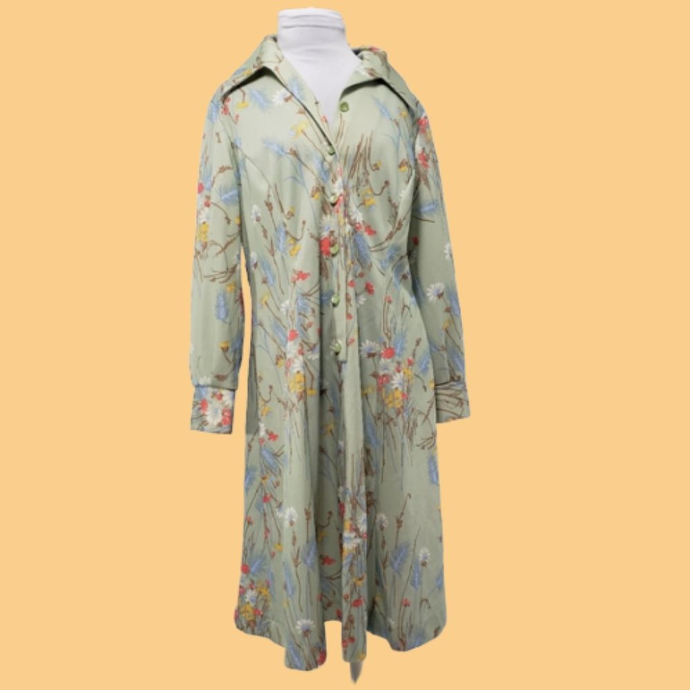 70s Floral thick knit poly Long Sleeve Dress Large